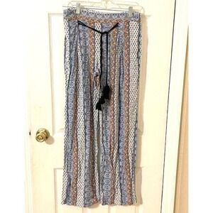 BeBop Casual Pants Womens Size Large Floral Blue Hippie Straight Leg Drawstring